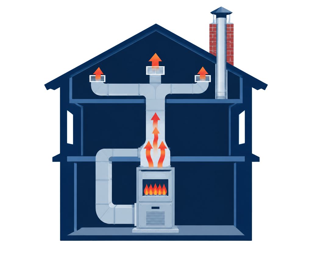 Illustration of a home furnace and ductwork delivering warm air